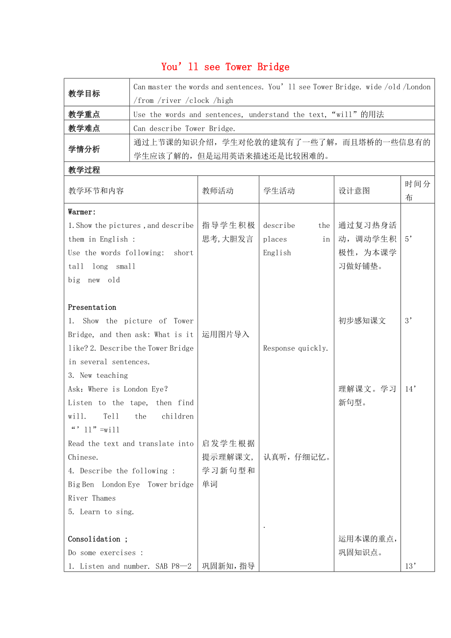 2022春三年级英语下册 Module 2 Unit 2《You’ll see Tower Bridge》教案2 外研版_第1页