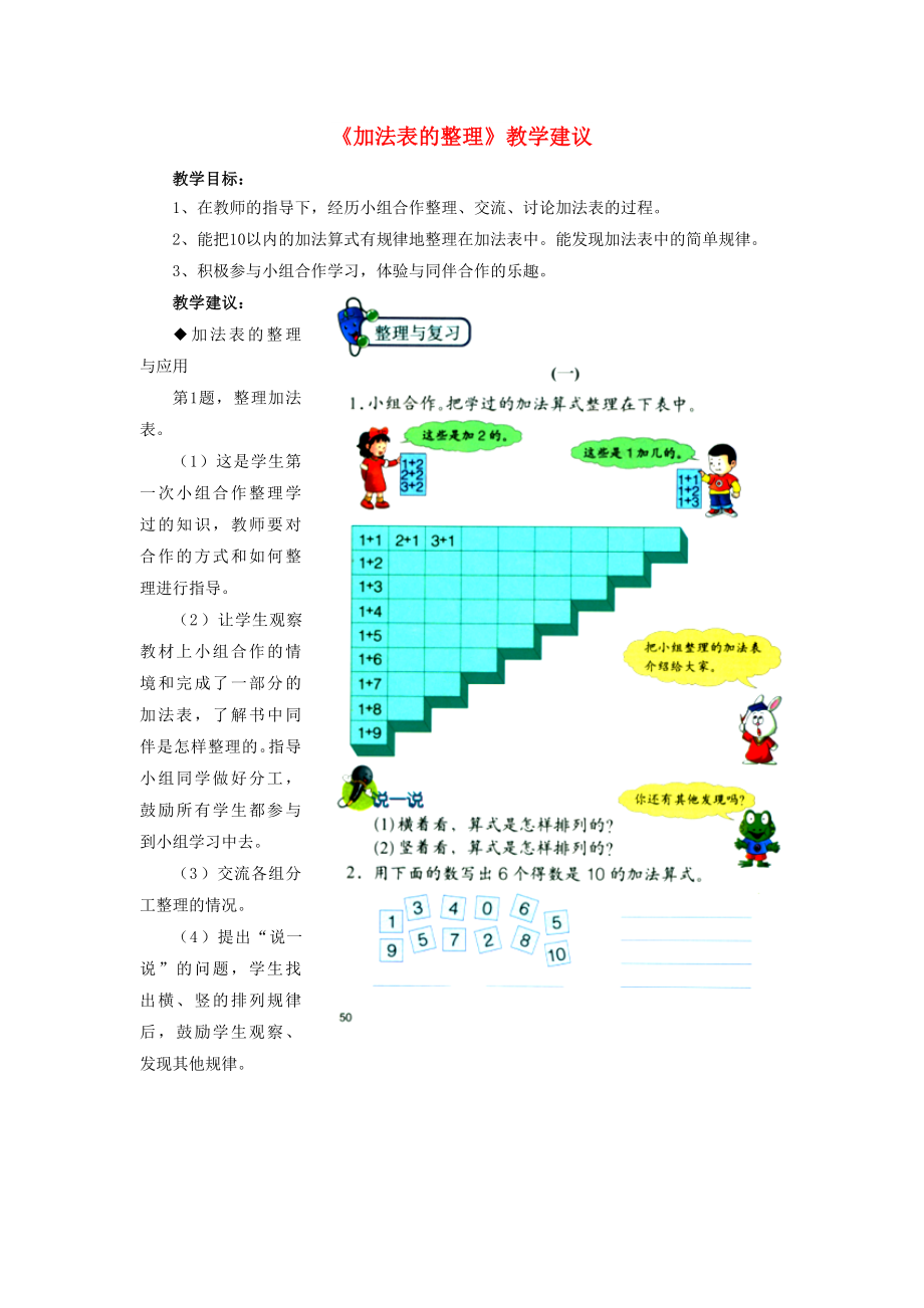 2022一年級數(shù)學上冊 第5單元《10以內(nèi)的加法和減法》（加法表的整理）教學建議 （新版）冀教版_第1頁