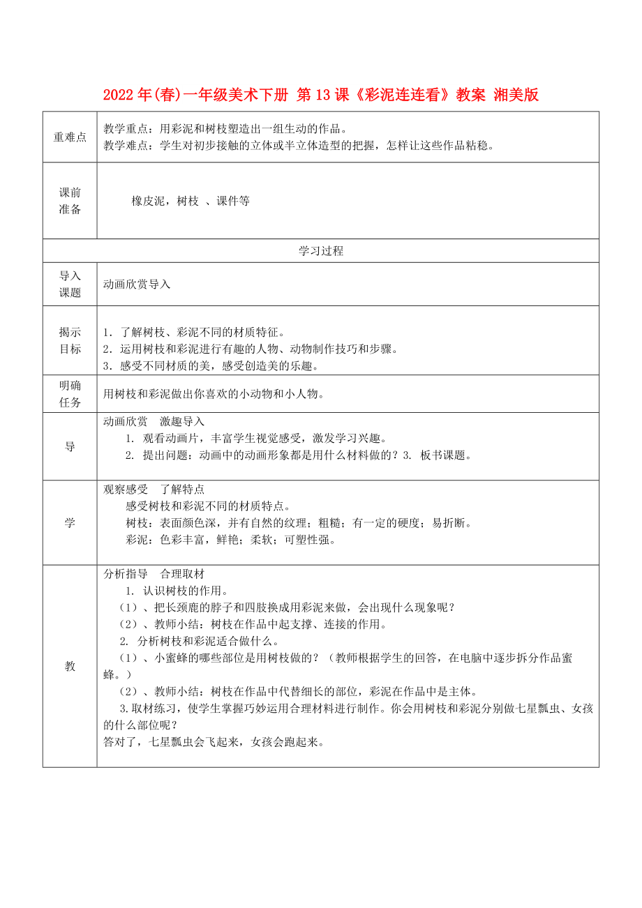 2022年(春)一年级美术下册 第13课《彩泥连连看》教案 湘美版_第1页