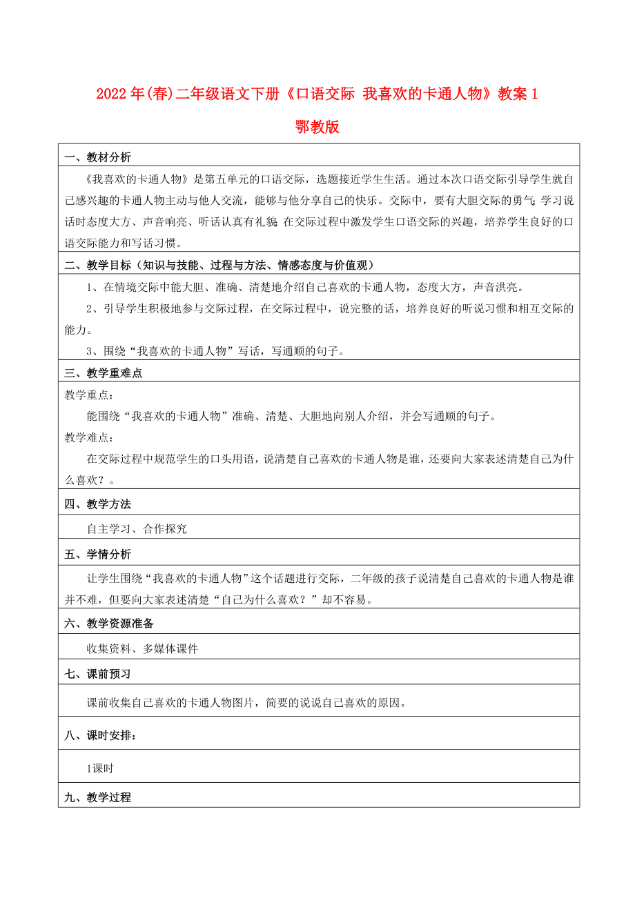 2022年(春)二年級(jí)語(yǔ)文下冊(cè)《口語(yǔ)交際 我喜歡的卡通人物》教案1 鄂教版_第1頁(yè)