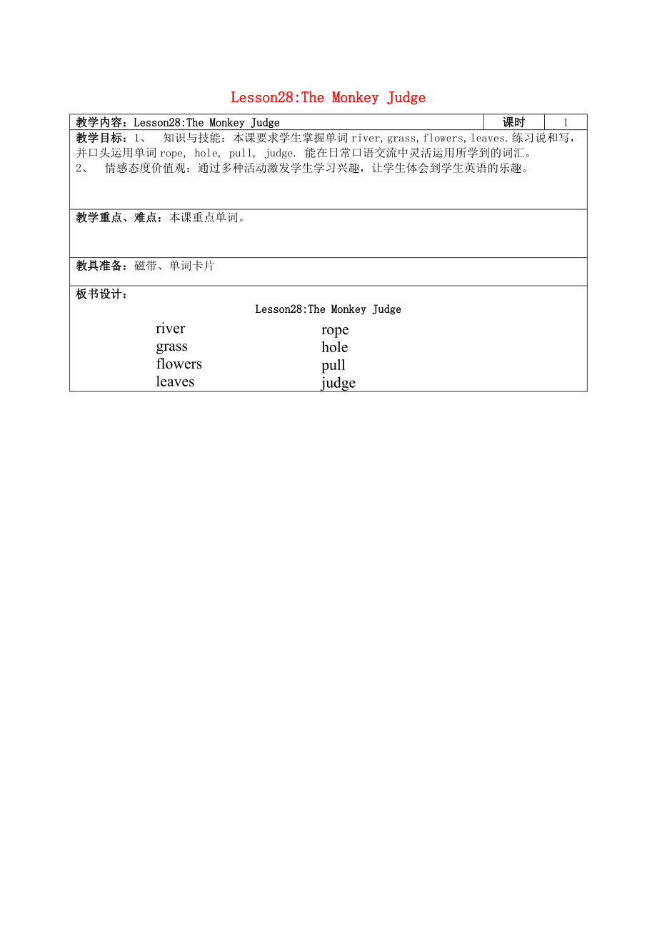 四年級(jí)英語(yǔ)上冊(cè) Lesson 28 The Monkey Judge教案 冀教版_第1頁(yè)