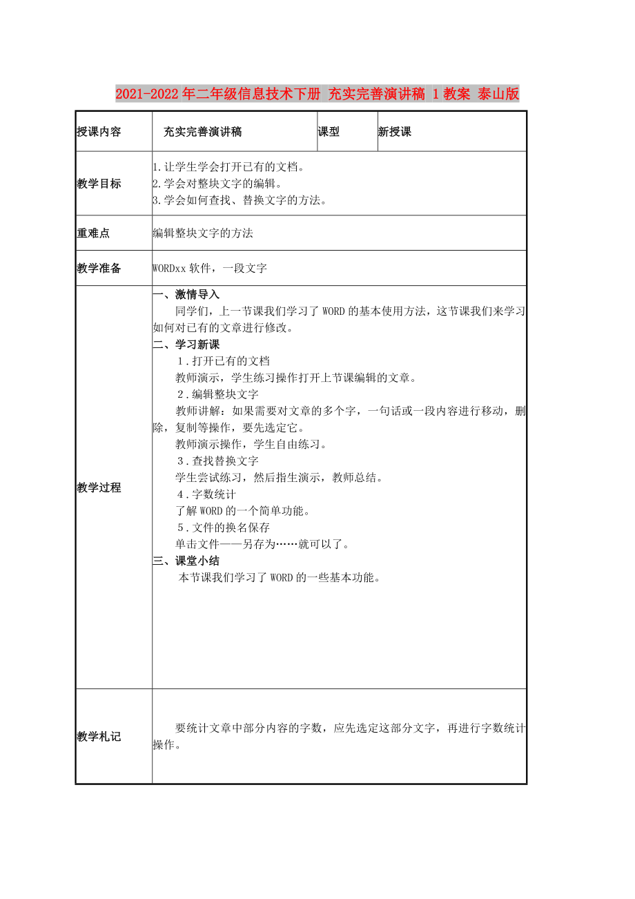 2021-2022年二年級(jí)信息技術(shù)下冊(cè) 充實(shí)完善演講稿 1教案 泰山版_第1頁(yè)