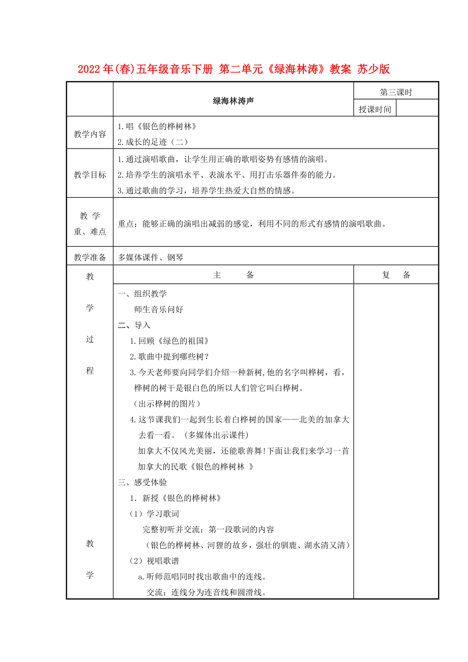 2022年(春)五年級音樂下冊 第二單元《綠海林濤》教案 蘇少版_第1頁