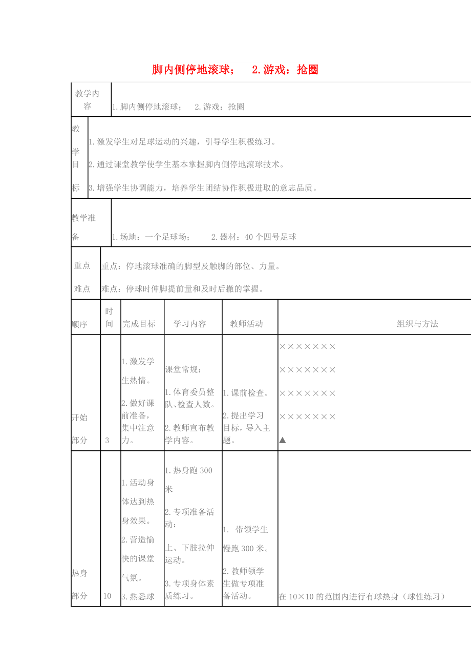 五年級體育下冊 腳內(nèi)側(cè)停地滾球 游戲：搶圈教案_第1頁