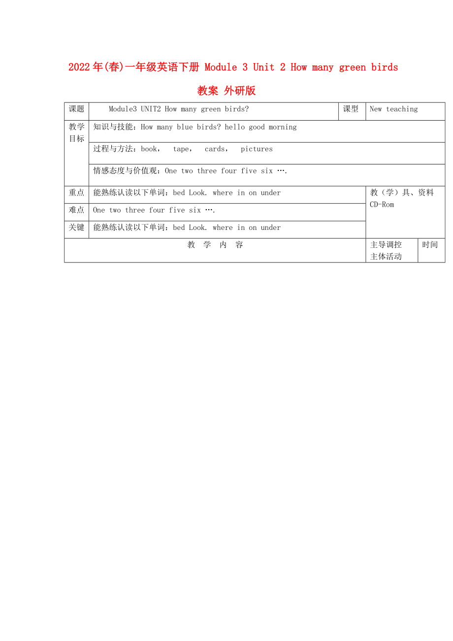 2022年(春)一年級英語下冊 Module 3 Unit 2 How many green birds教案 外研版_第1頁