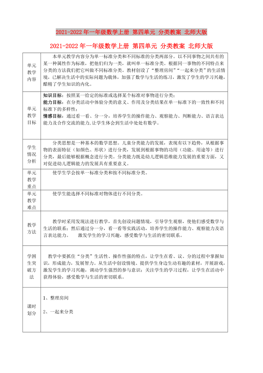 2021-2022年一年級(jí)數(shù)學(xué)上冊(cè) 第四單元 分類教案 北師大版_第1頁(yè)