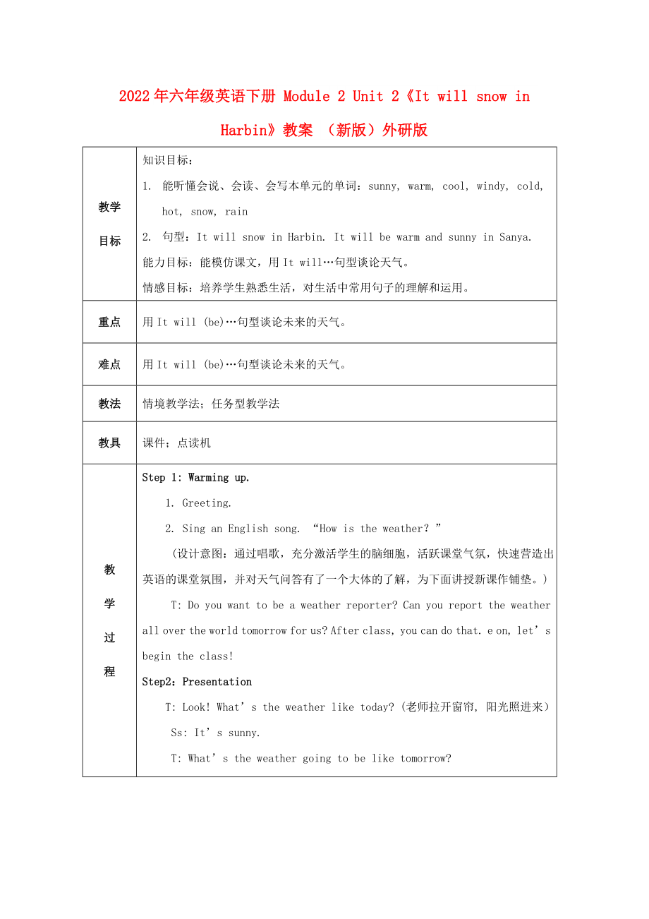 2022年六年級(jí)英語下冊 Module 2 Unit 2《It will snow in Harbin》教案 （新版）外研版_第1頁