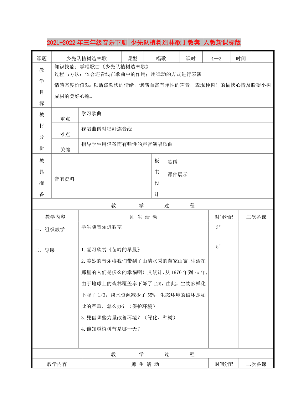 2021-2022年三年級音樂下冊 少先隊(duì)植樹造林歌1教案 人教新課標(biāo)版_第1頁