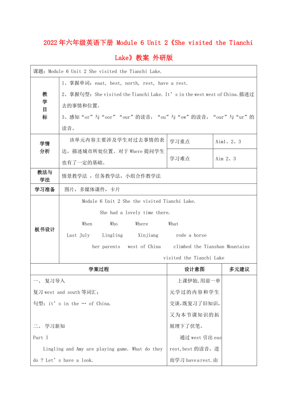 2022年六年級(jí)英語下冊(cè) Module 6 Unit 2《She visited the Tianchi Lake》教案 外研版_第1頁