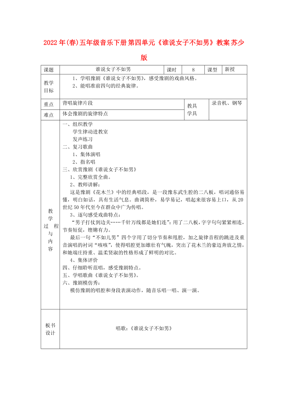 2022年(春)五年級音樂下冊 第四單元《誰說女子不如男》教案 蘇少版_第1頁