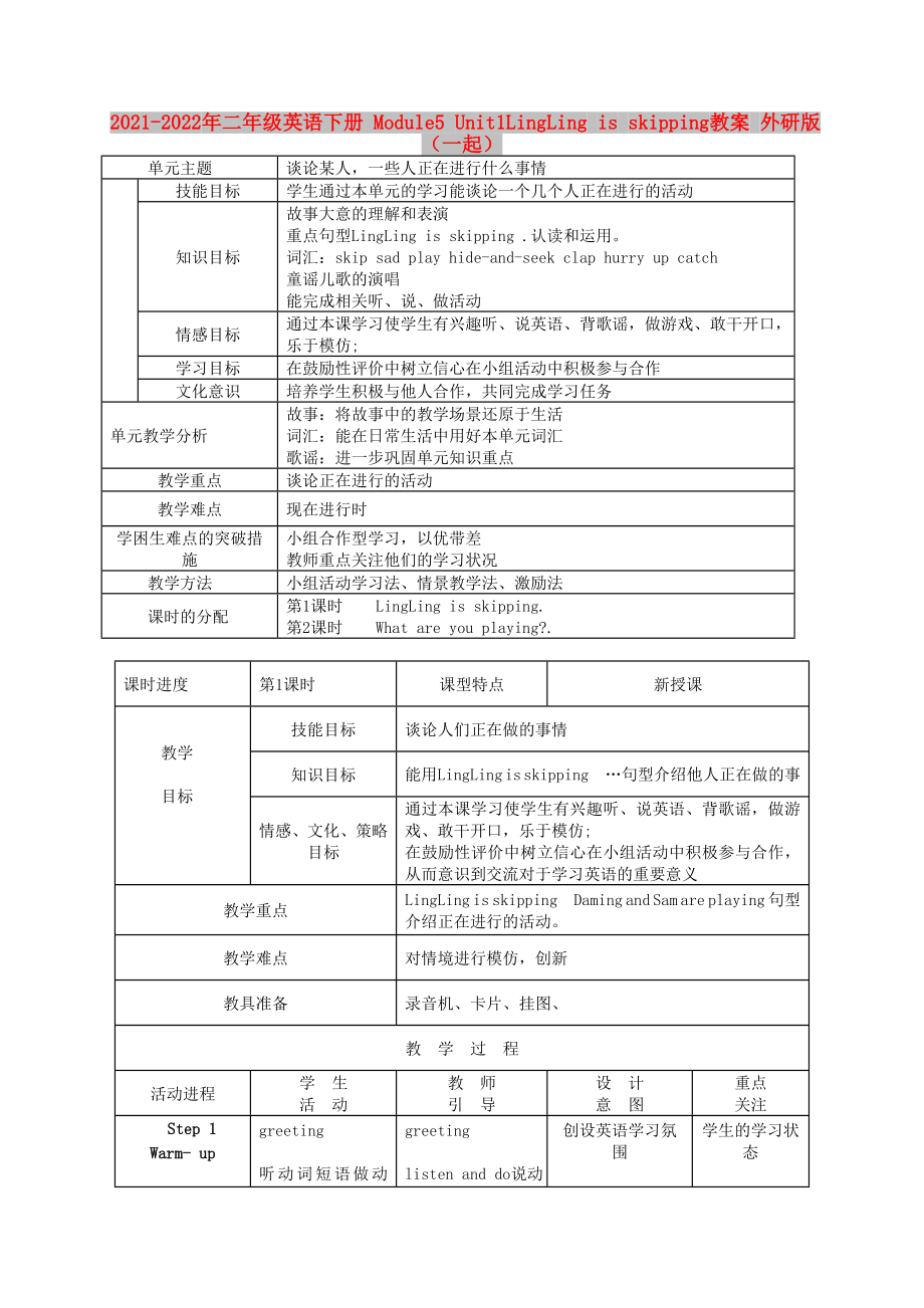 2021-2022年二年級(jí)英語下冊(cè) Module5 Unit1LingLing is skipping教案 外研版（一起）_第1頁