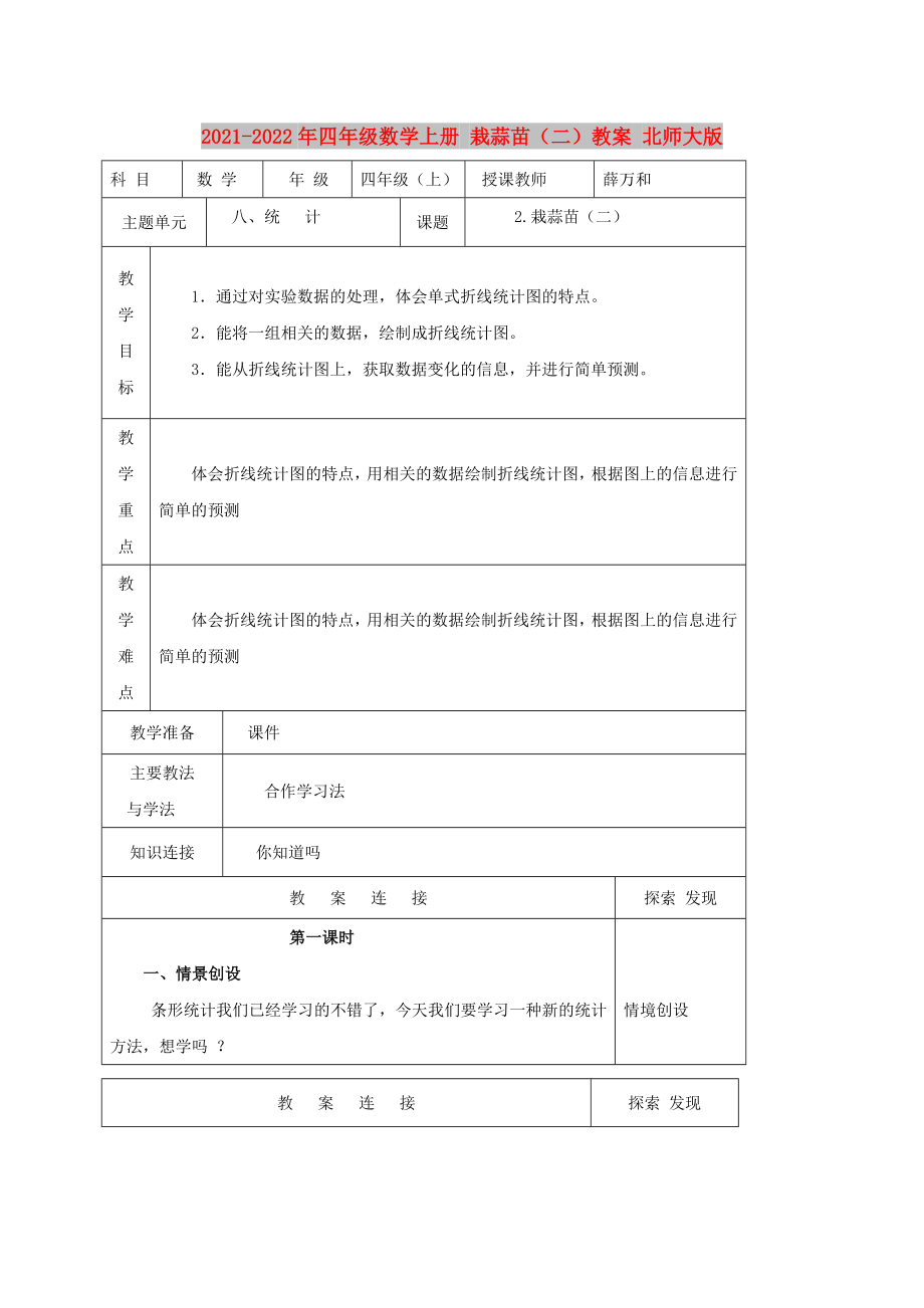 2021-2022年四年級數(shù)學上冊 栽蒜苗（二）教案 北師大版_第1頁