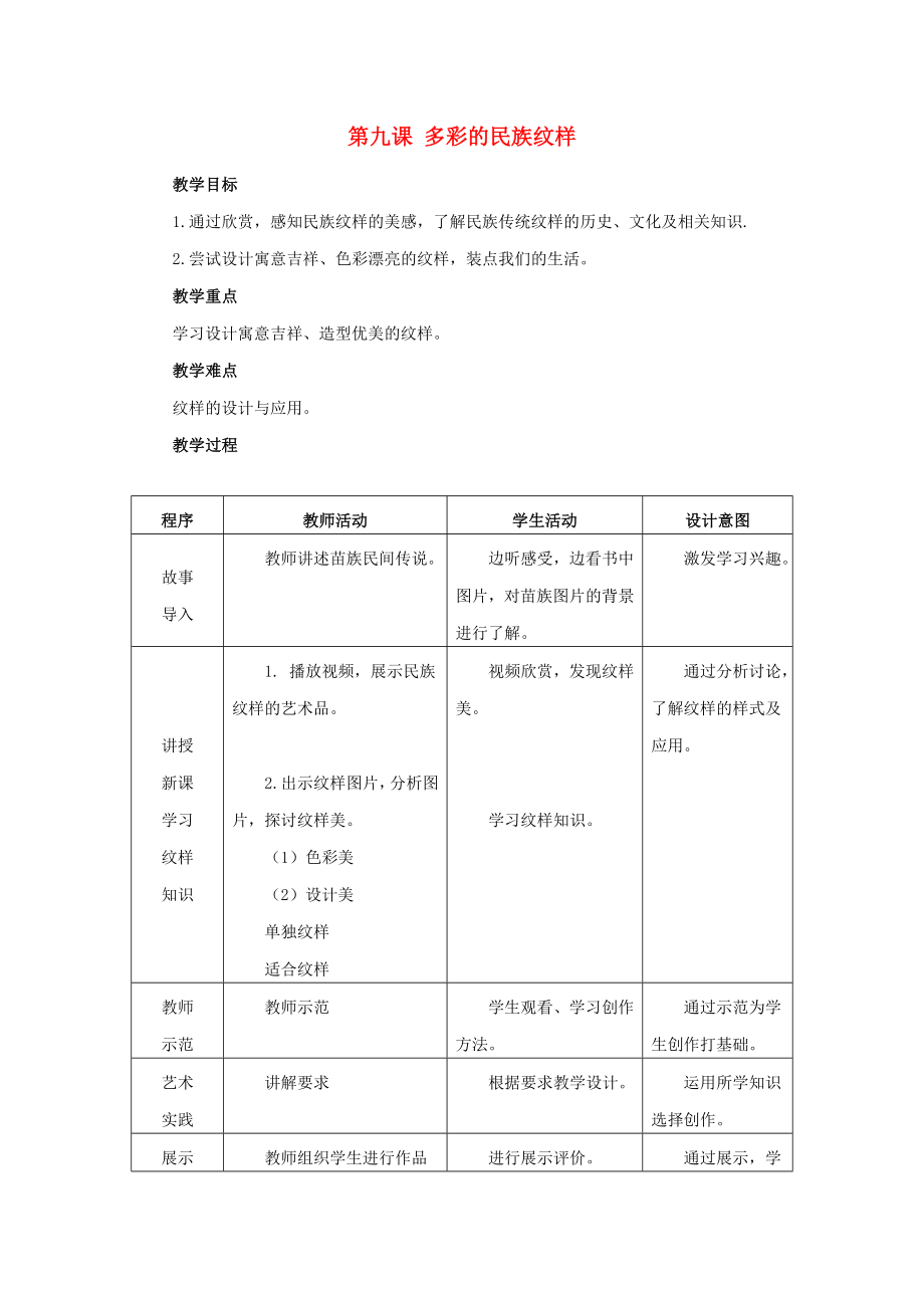 2022春五年級美術(shù)下冊 第9課《多彩的民族傳統(tǒng)紋樣》教案 人美版_第1頁