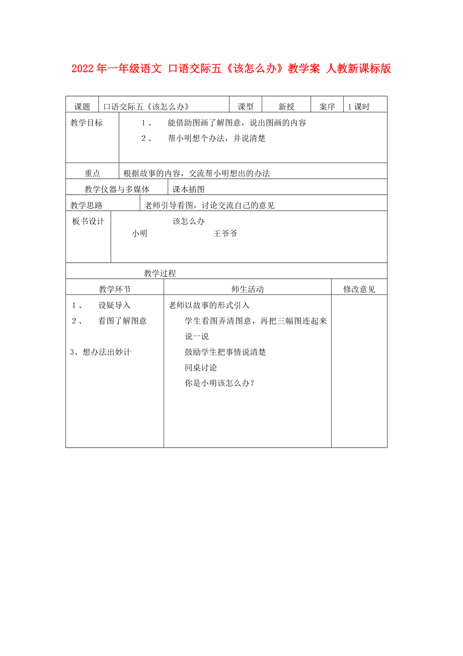 2022年一年级语文 口语交际五《该怎么办》教学案 人教新课标版_第1页