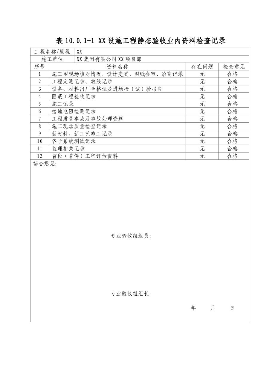 XX工程静态验收业内资料检查记录正式_第1页