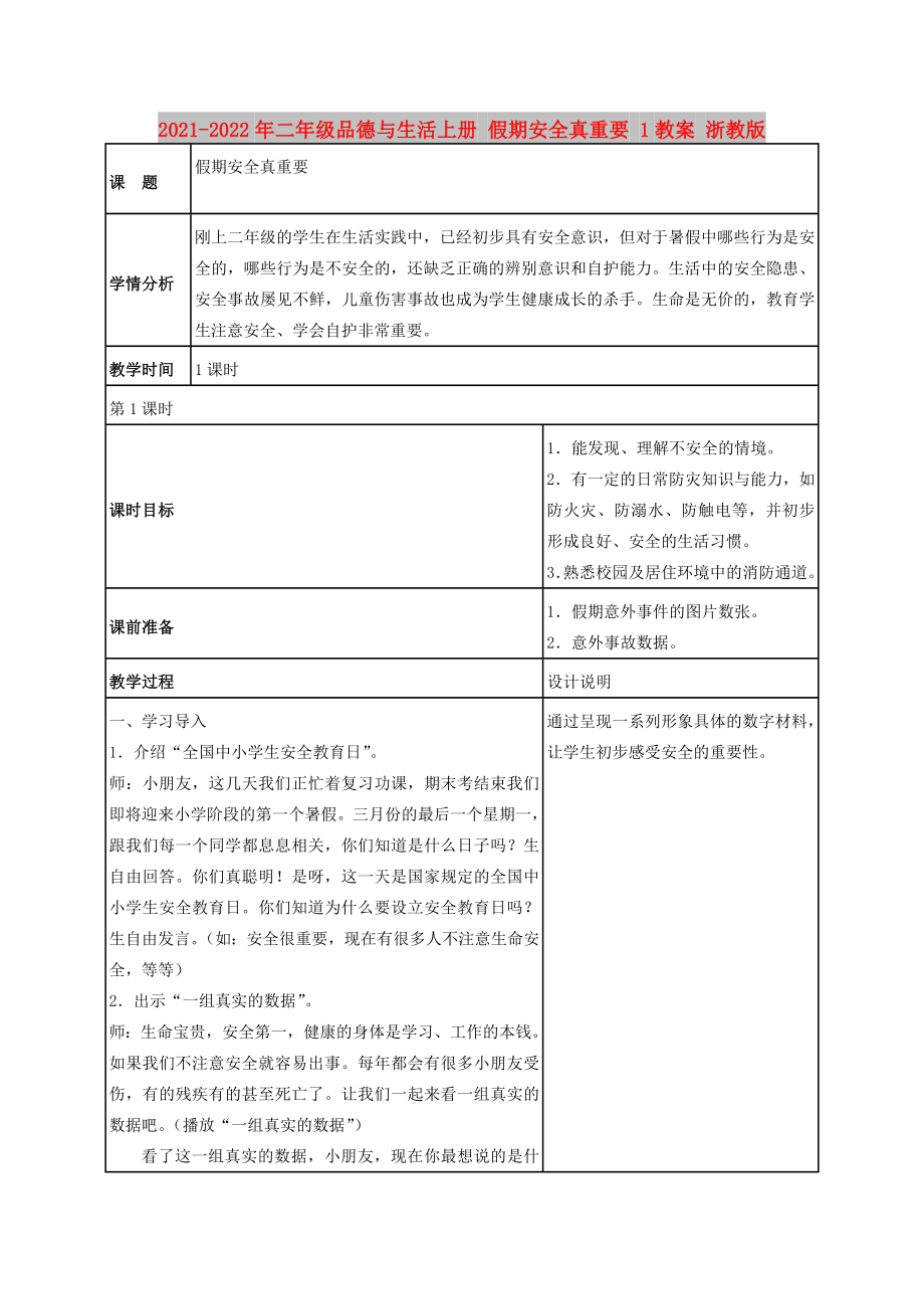 2021-2022年二年級品德與生活上冊 假期安全真重要 1教案 浙教版_第1頁