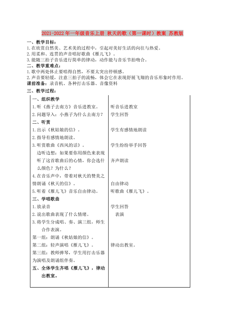 2021-2022年一年级音乐上册 秋天的歌（第一课时）教案 苏教版_第1页