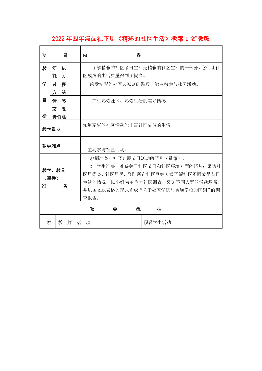 2022年四年級(jí)品社下冊(cè)《精彩的社區(qū)生活》教案1 浙教版_第1頁(yè)