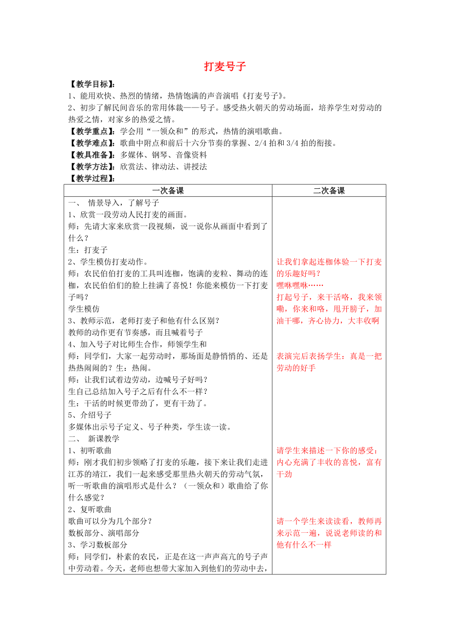 2022秋六年级音乐上册 第4课《打麦号子》教案 湘艺版_第1页