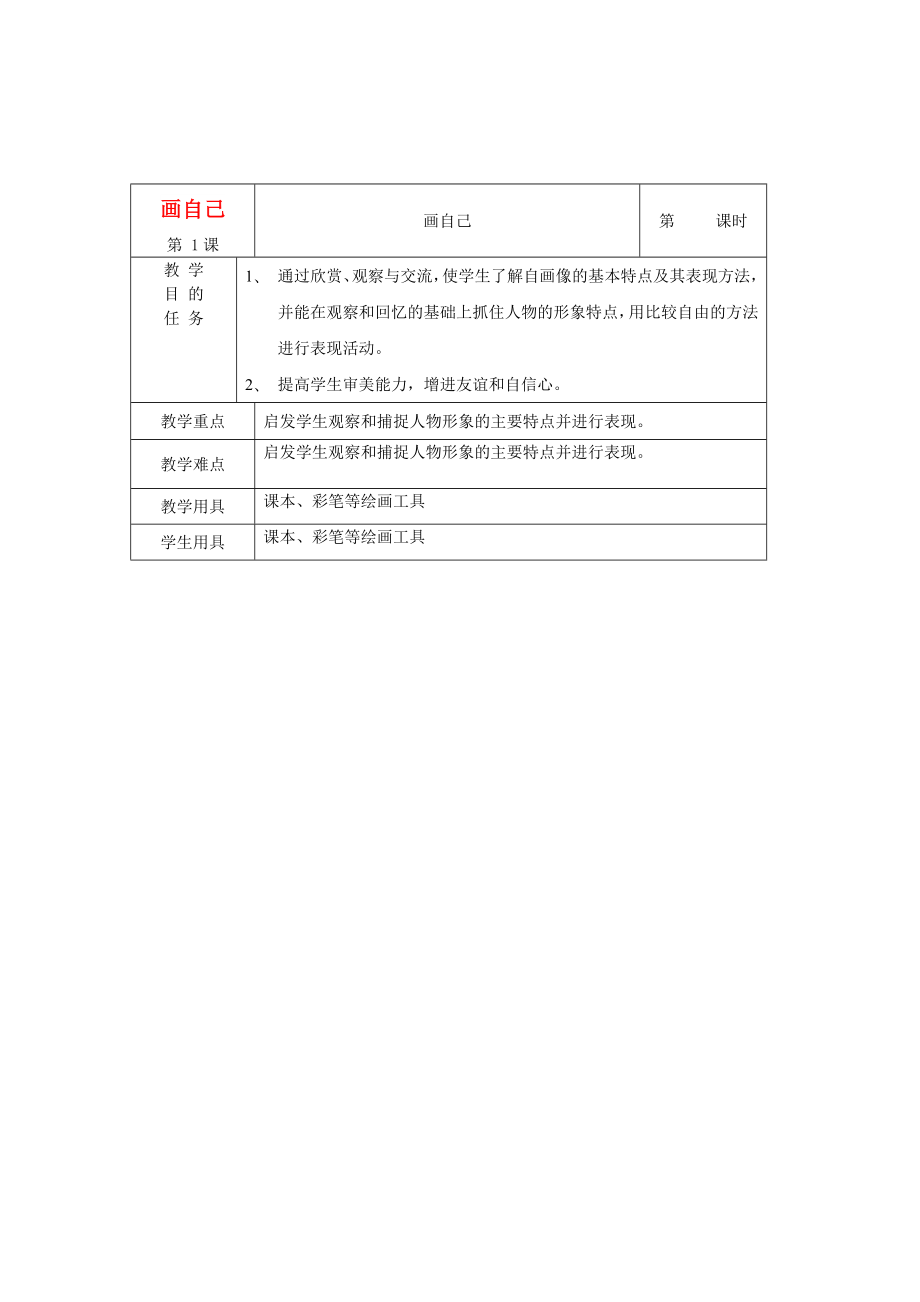 2022春一年級美術(shù)下冊 第8課《畫自己》教案 人美版_第1頁