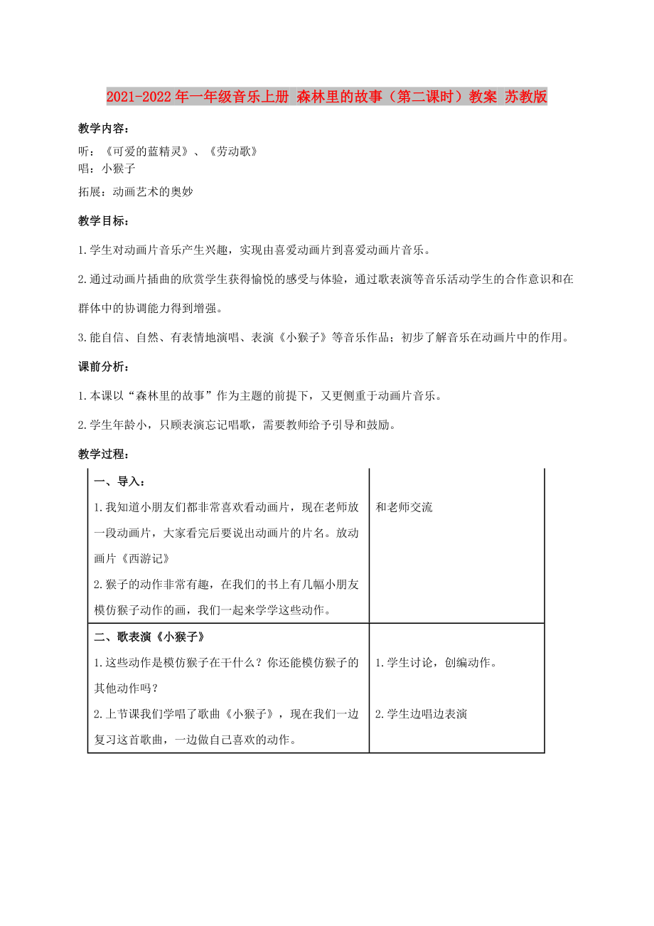 2021-2022年一年級(jí)音樂(lè)上冊(cè) 森林里的故事（第二課時(shí)）教案 蘇教版_第1頁(yè)