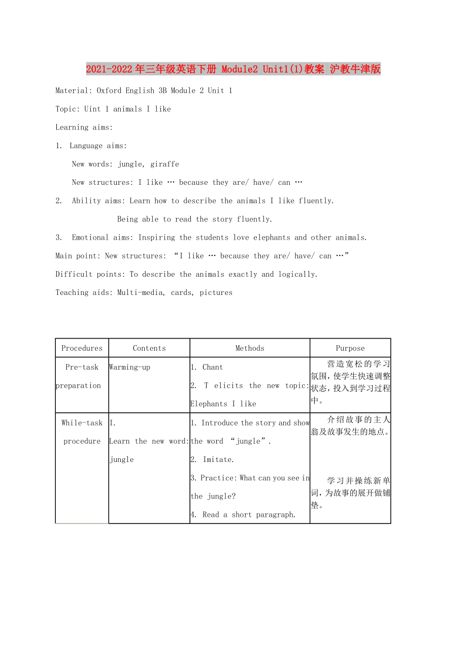 2021-2022年三年級英語下冊 Module2 Unit1(1)教案 滬教牛津版_第1頁