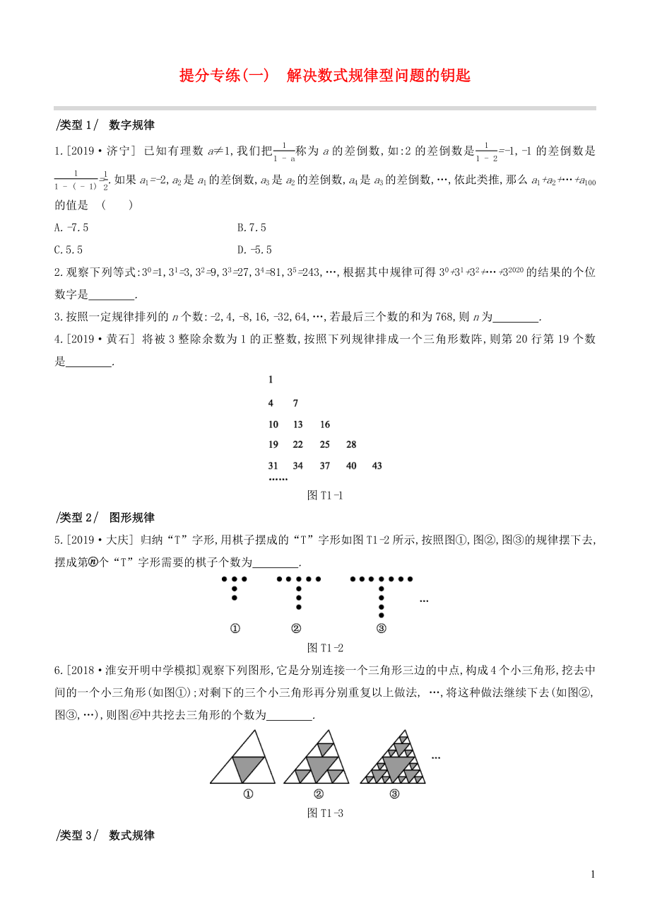 （江蘇專版）2020年中考數學復習 提分專練01 解決數式規(guī)律型問題的鑰匙_第1頁