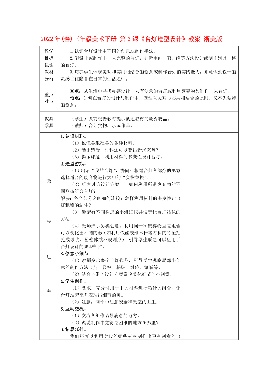 2022年(春)三年級(jí)美術(shù)下冊(cè) 第2課《臺(tái)燈造型設(shè)計(jì)》教案 浙美版_第1頁