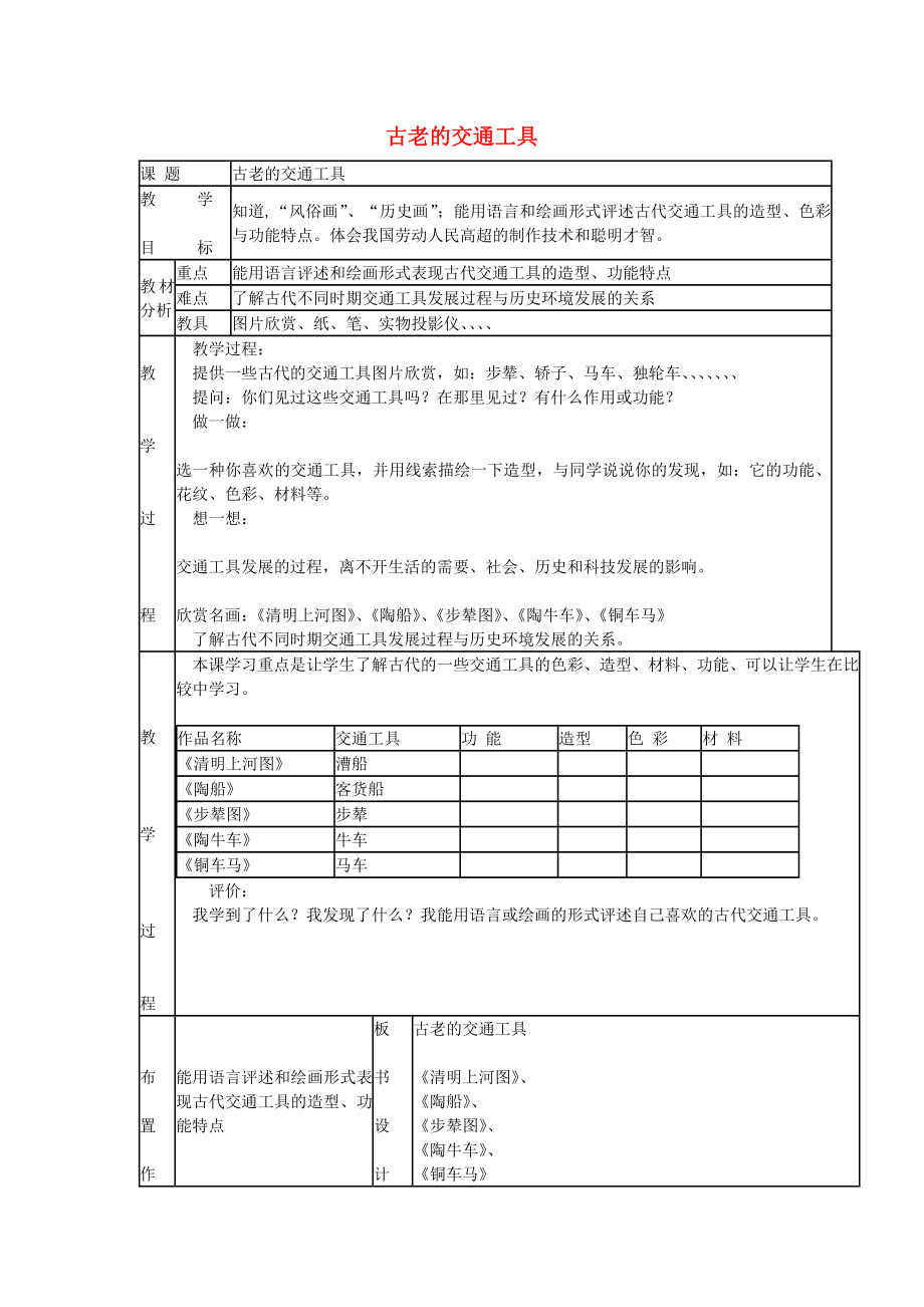 2022春三年级美术下册 第1单元 漫游交通天地 第1课《古老的交通工具》教案 岭南版_第1页