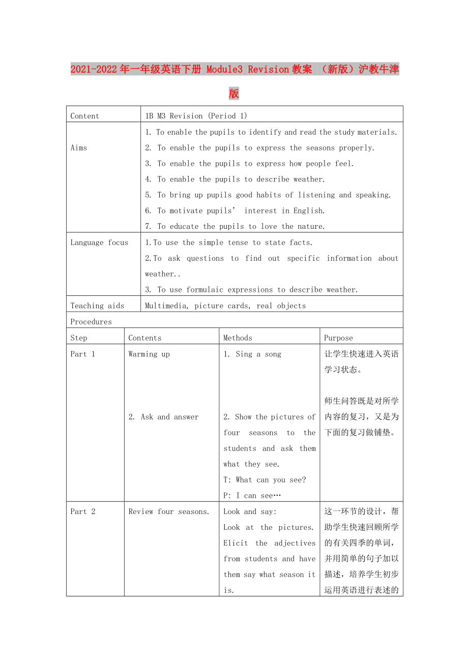 2021-2022年一年級(jí)英語(yǔ)下冊(cè) Module3 Revision教案 （新版）滬教牛津版_第1頁(yè)