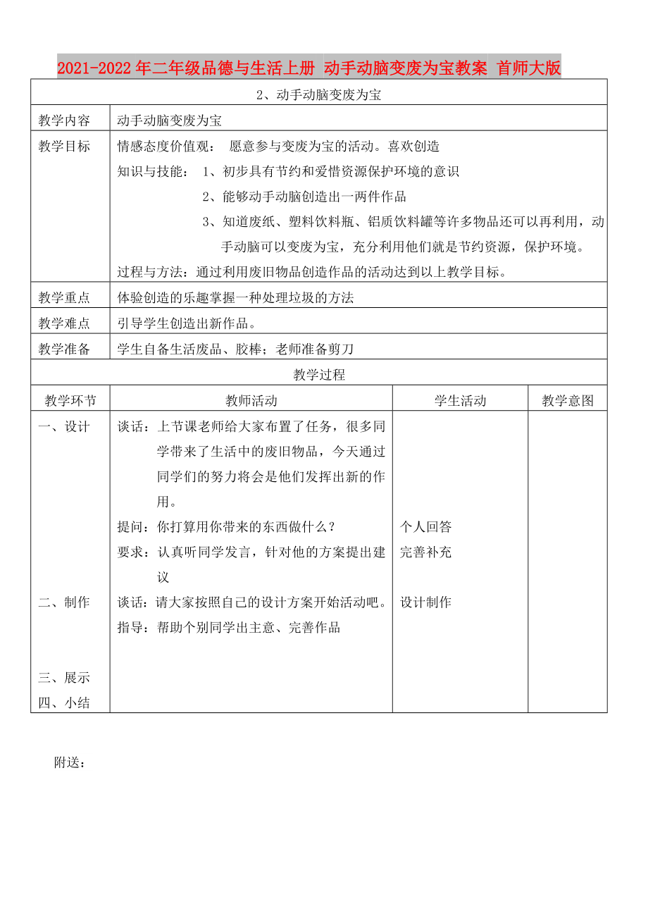 2021-2022年二年级品德与生活上册 动手动脑变废为宝教案 首师大版_第1页