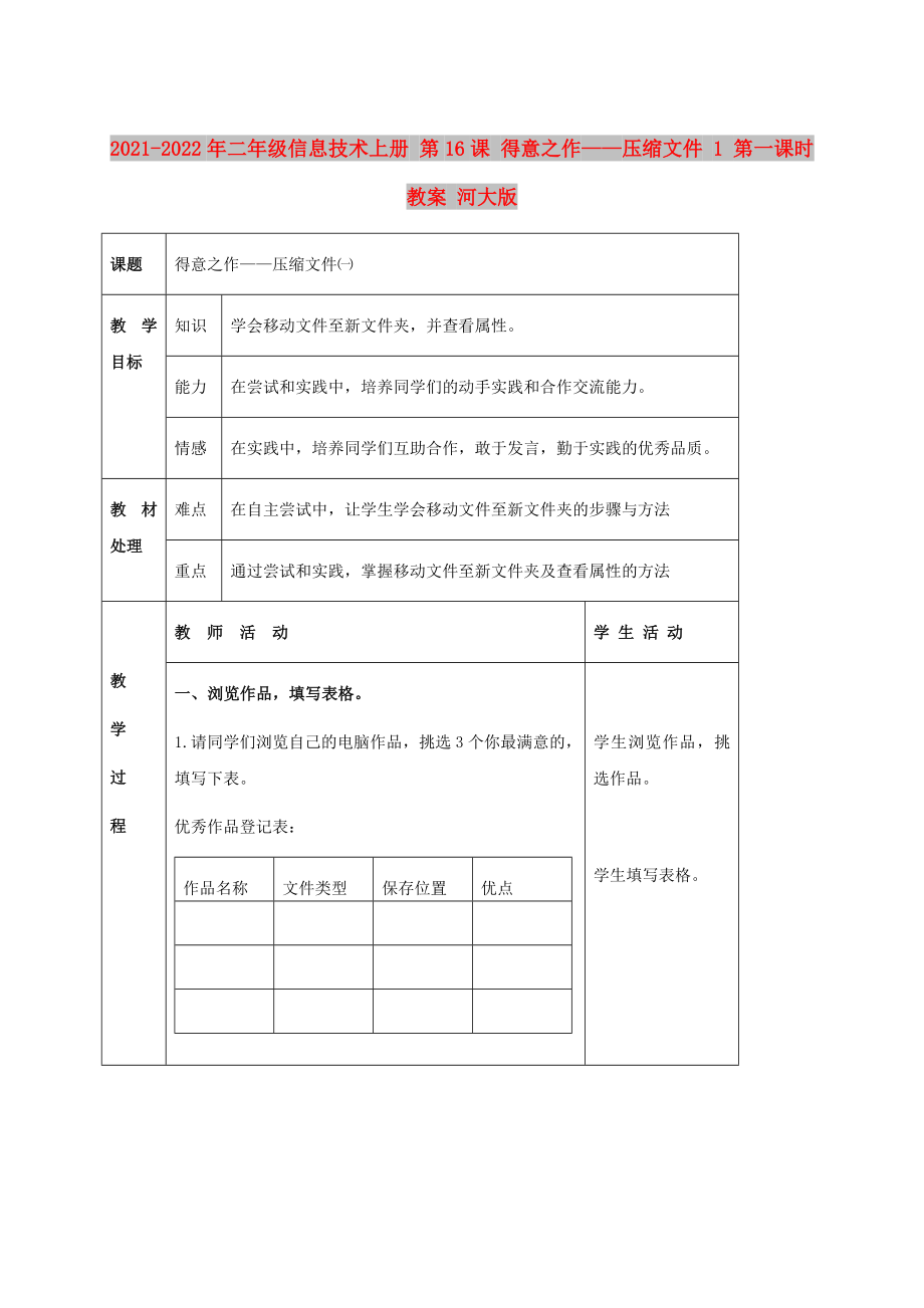 2021-2022年二年級(jí)信息技術(shù)上冊(cè) 第16課 得意之作——壓縮文件 1 第一課時(shí)教案 河大版_第1頁(yè)