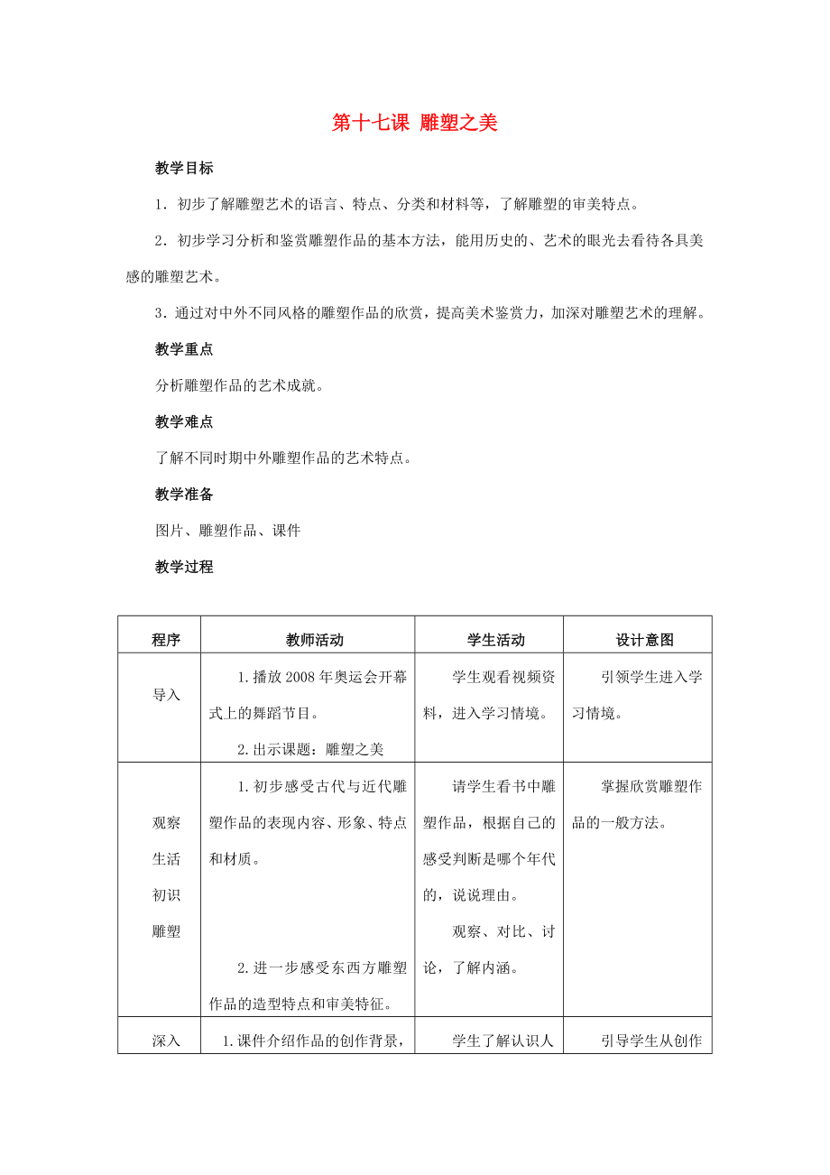 2022春五年級(jí)美術(shù)下冊(cè) 第17課《雕塑之美》教案 人美版_第1頁