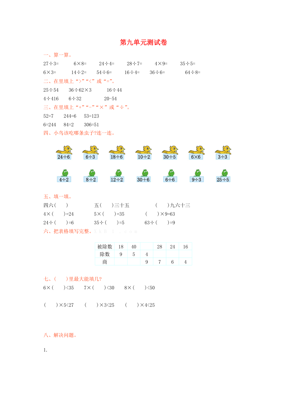 2022秋二年級數(shù)學(xué)上冊 第九單元 除法單元測試卷 北師大版_第1頁