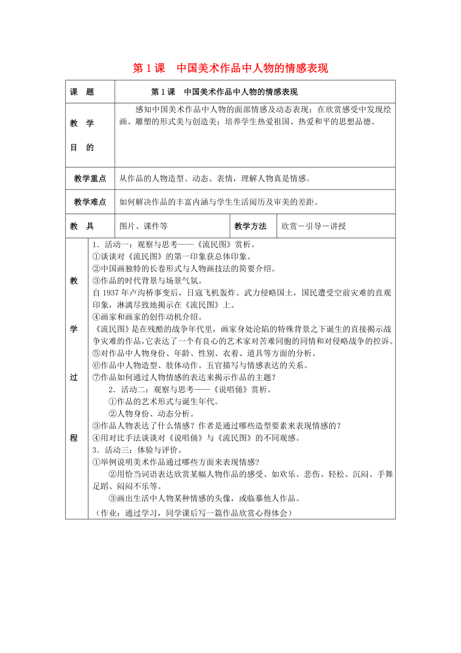 2022春五年級美術下冊 第1單元 藝術作品中的情感表現(xiàn) 第1課《中國美術作品中的人物的情感表現(xiàn)》教案 嶺南版_第1頁