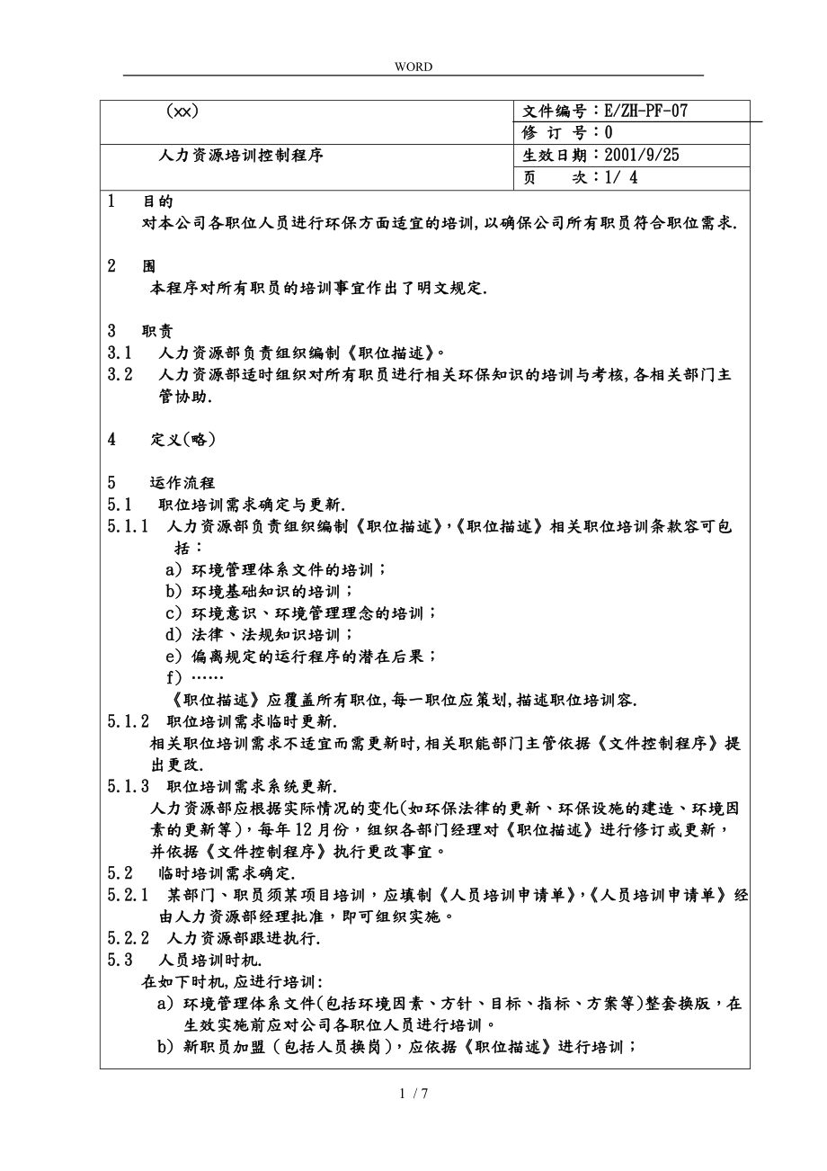 某公司人力资源培训控制程序文件_第1页