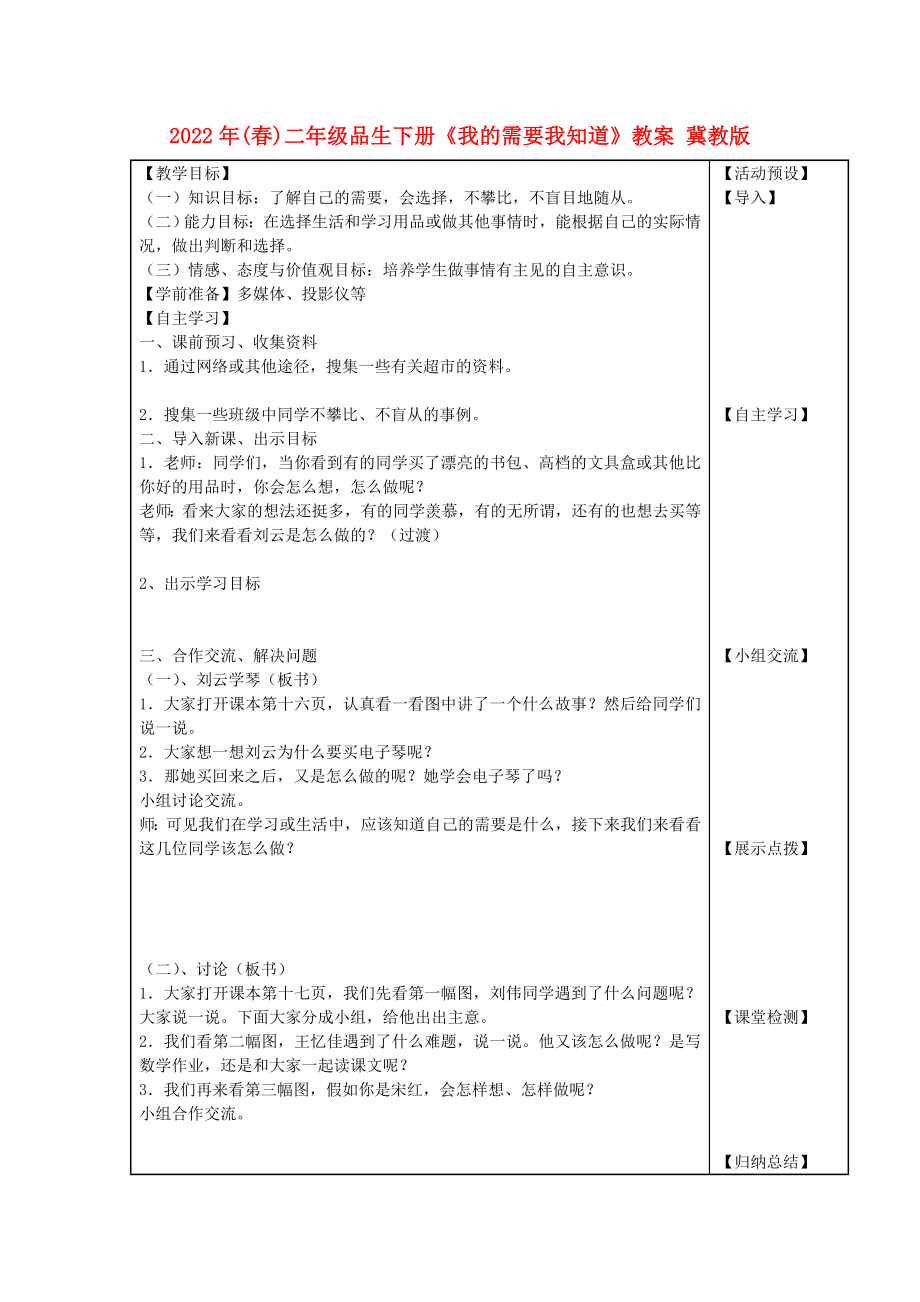 2022年(春)二年级品生下册《我的需要我知道》教案 冀教版_第1页