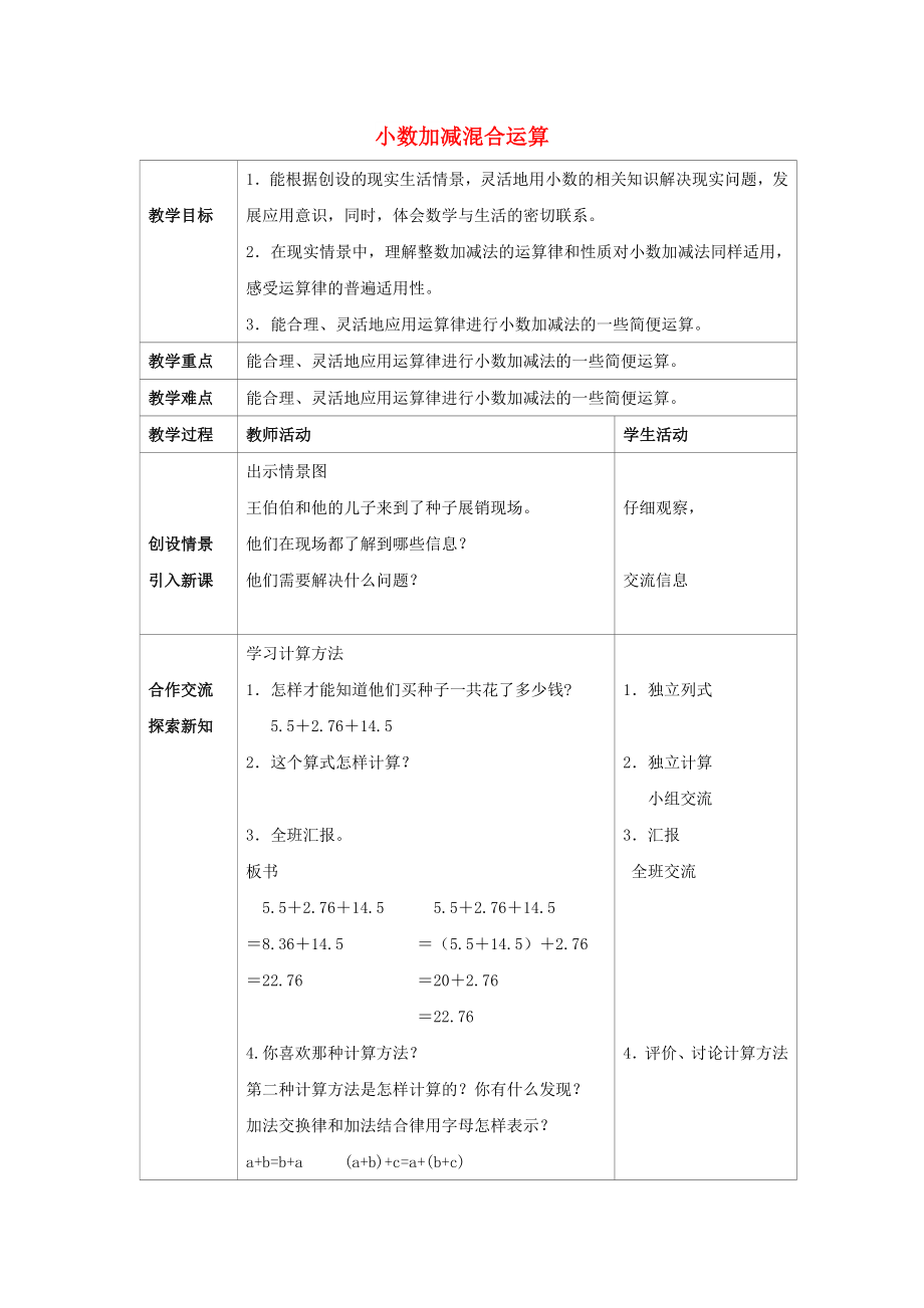 2022春四年級(jí)數(shù)學(xué)下冊(cè) 5《小數(shù)加減混合運(yùn)算》教案3 （新版）西師大版_第1頁(yè)