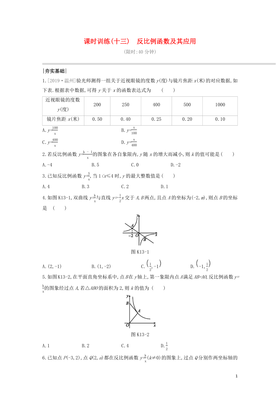 （福建專版）2020年中考數(shù)學復習 第三單元 函數(shù)及其圖象 課時訓練13 反比例函數(shù)及其應用_第1頁