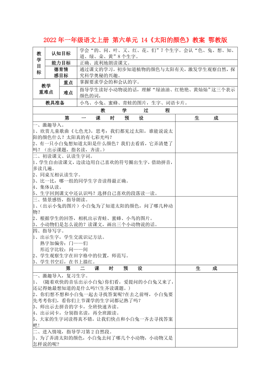 2022年一年級語文上冊 第六單元 14《太陽的顏色》教案 鄂教版_第1頁