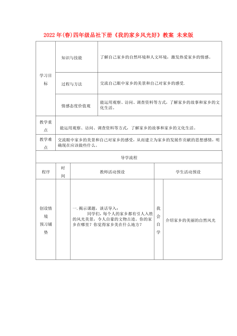 2022年(春)四年級品社下冊《我的家鄉(xiāng)風(fēng)光好》教案 未來版_第1頁