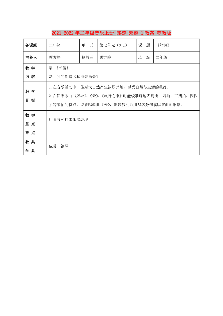 2021-2022年二年級音樂上冊 郊游 郊游 1教案 蘇教版_第1頁