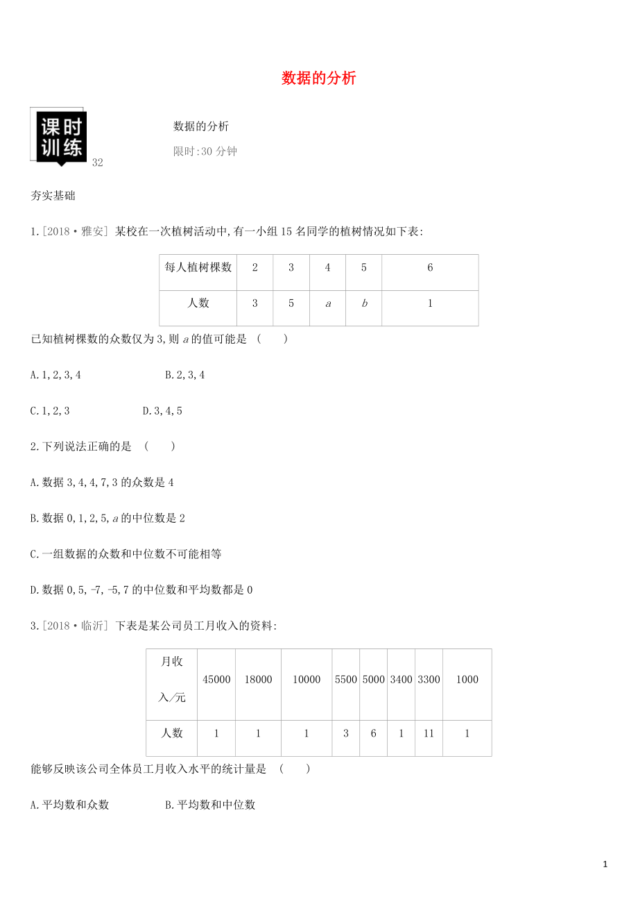 湖南省2019年中考數(shù)學(xué)總復(fù)習(xí) 第八單元 統(tǒng)計(jì)與概率 課時(shí)訓(xùn)練32 數(shù)據(jù)的分析練習(xí)_第1頁(yè)