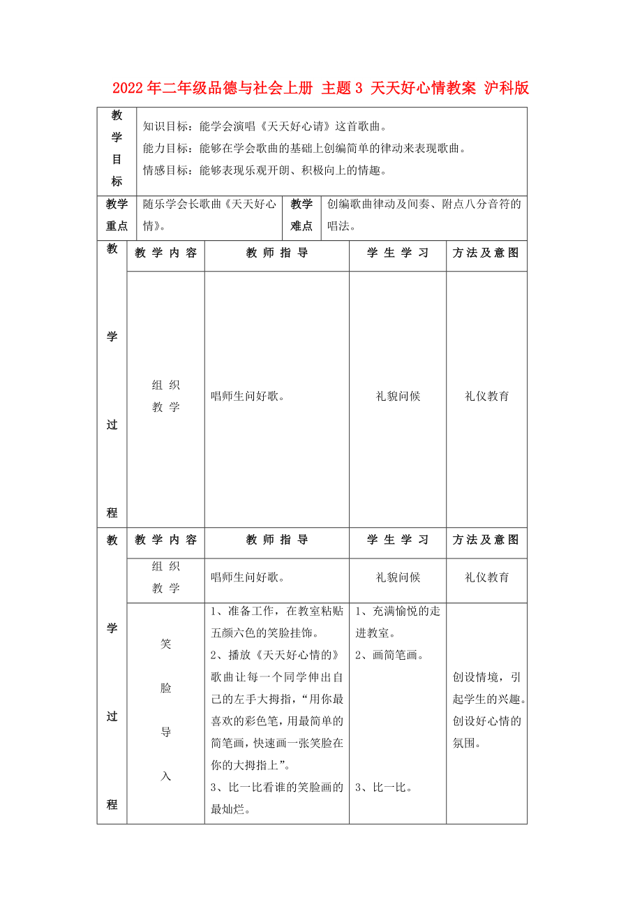 2022年二年級品德與社會上冊 主題3 天天好心情教案 滬科版_第1頁