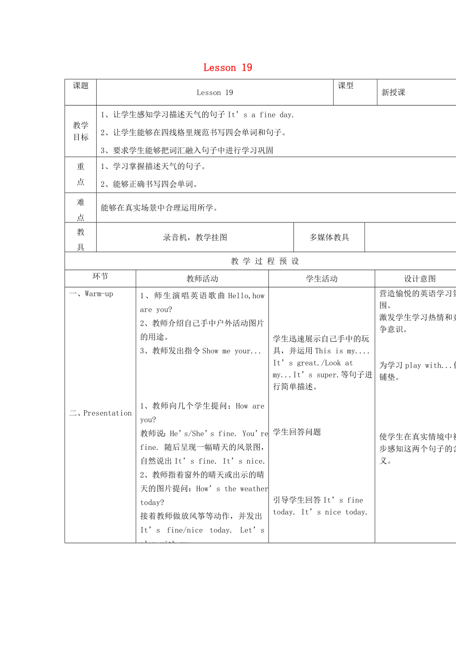 四年級英語上冊 Unit 4 How’s the weather today教案 人教精通版_第1頁