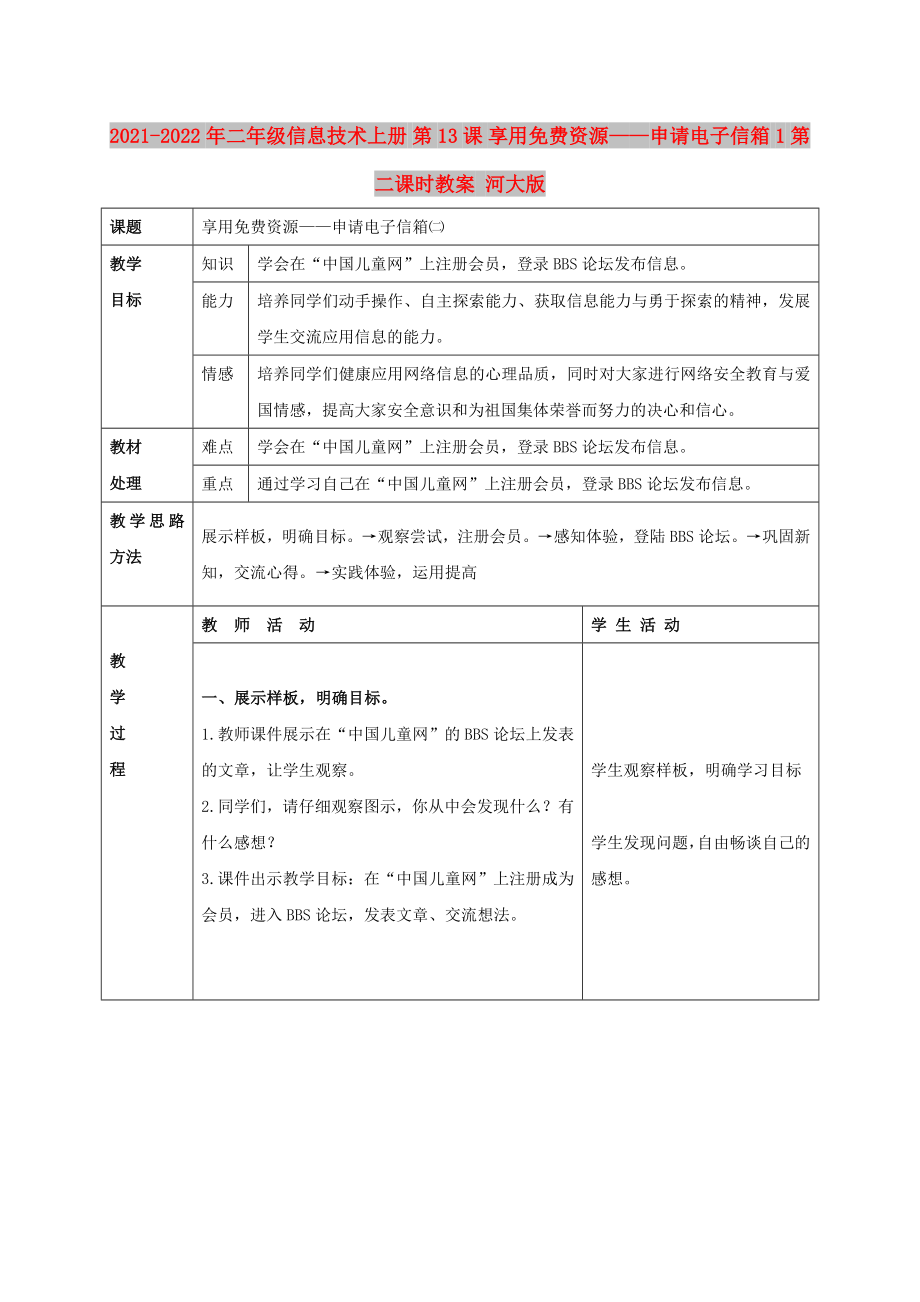 2021-2022年二年級信息技術(shù)上冊 第13課 享用免費(fèi)資源——申請電子信箱 1 第二課時(shí)教案 河大版_第1頁