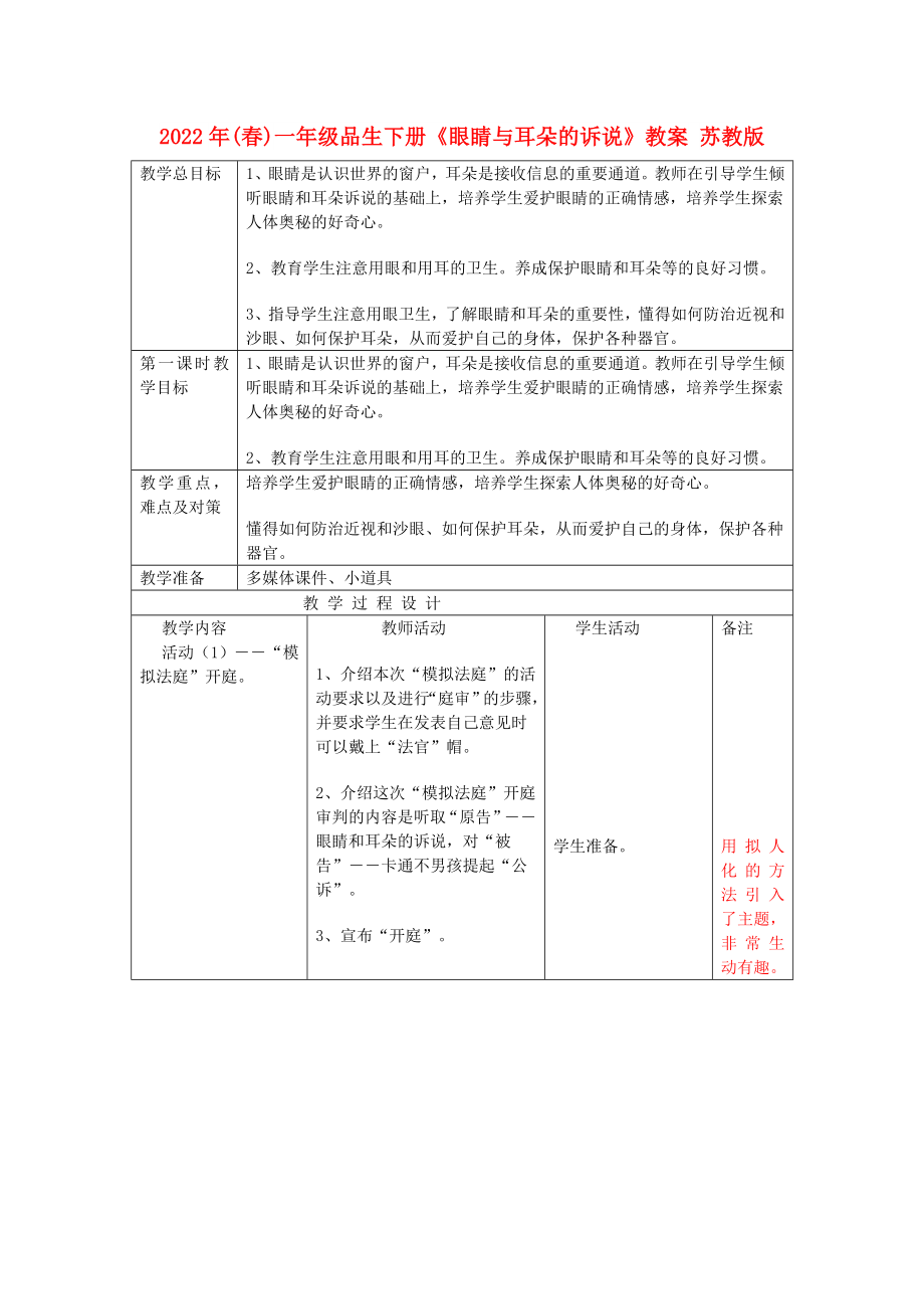 2022年(春)一年級品生下冊《眼睛與耳朵的訴說》教案 蘇教版_第1頁