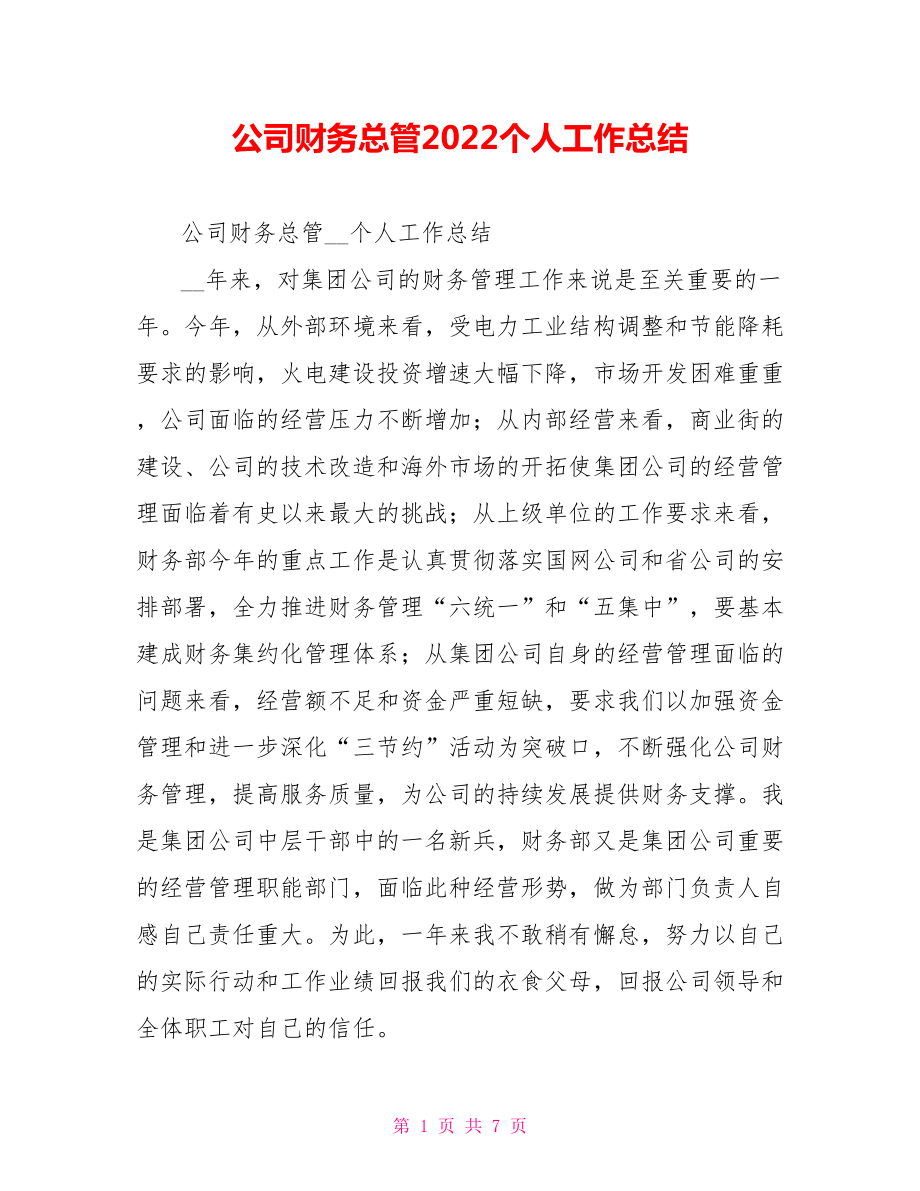 公司财务总管2022个人工作总结_第1页