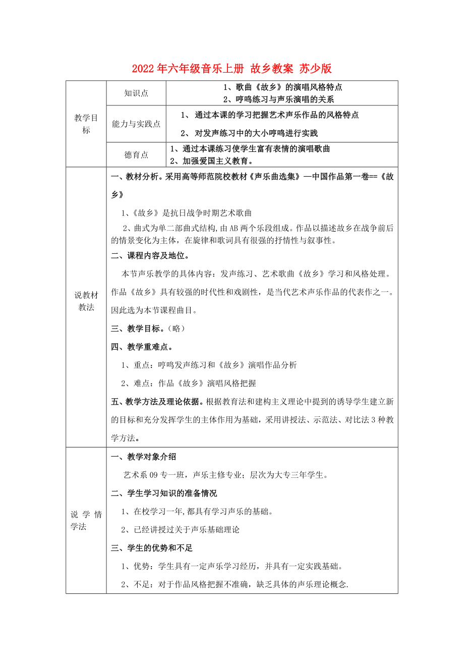 2022年六年級(jí)音樂(lè)上冊(cè) 故鄉(xiāng)教案 蘇少版_第1頁(yè)