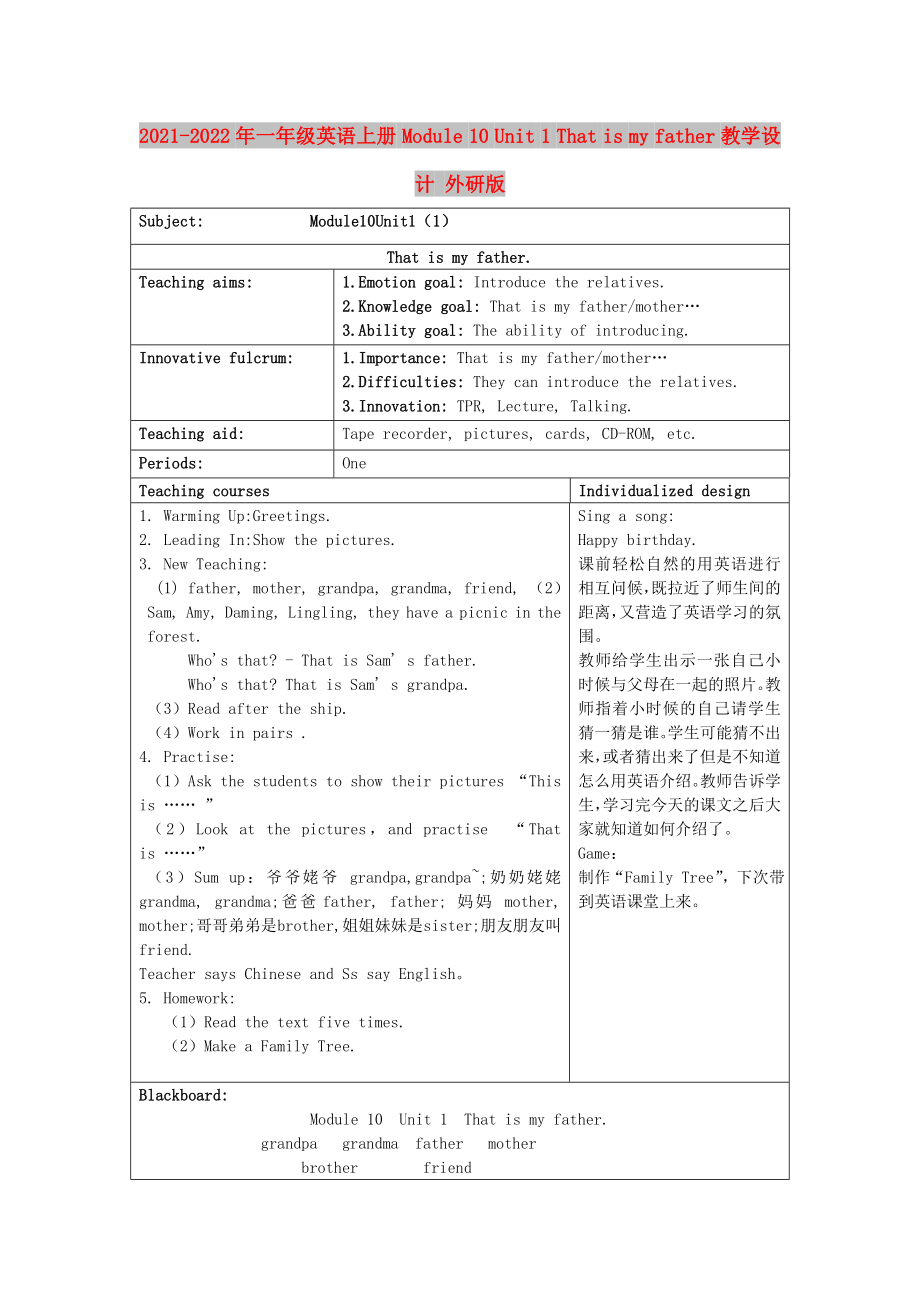 2021-2022年一年級(jí)英語(yǔ)上冊(cè) Module 10 Unit 1 That is my father教學(xué)設(shè)計(jì) 外研版_第1頁(yè)